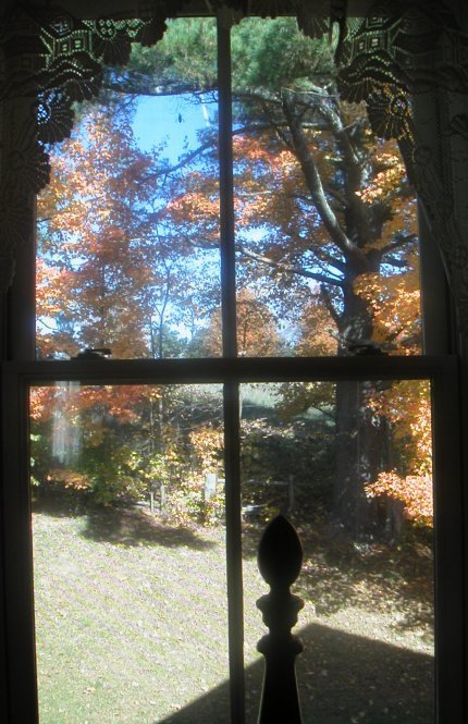 window in yellow roomview of orange red maples and hill behind